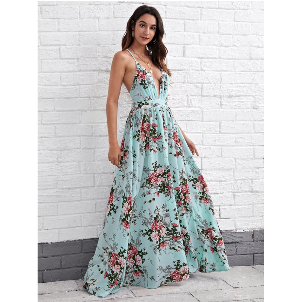 Backless Floral Print Maxi Dress Criss Cross - Picture 10 of 14